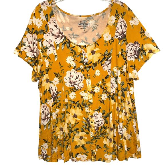 Torrid Super Soft Mustard Floral Top Womens 2X Fit & Flare Button Front Knit - Picture 2 of 9